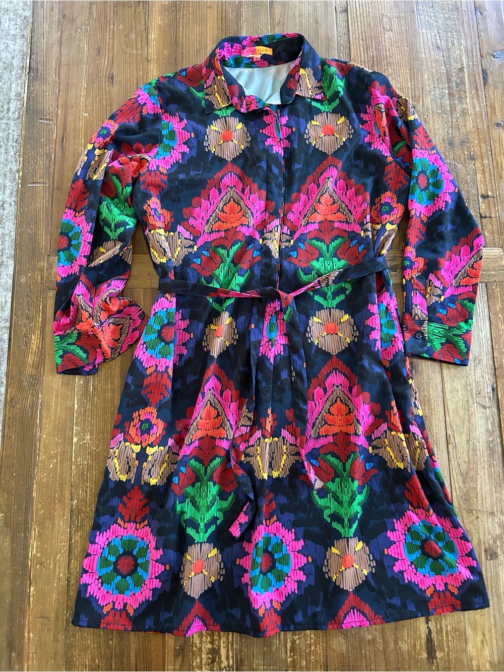 Vilagallo Black Floral-Print Midi Dress with Pink & Green Accents